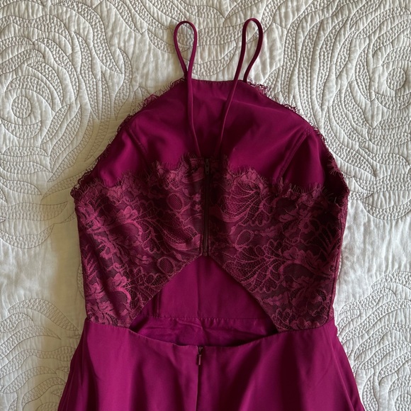 Hayley Paige Occasions - Chiffon Halter Lace Dress - Style 5715 - Flamingo - Picture 9 of 13